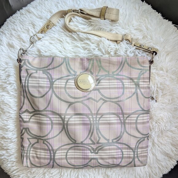Coach, Tartan Plaid Cream Lavender Grey Signature Fabric Crossbody Bag - Picture 1 of 16